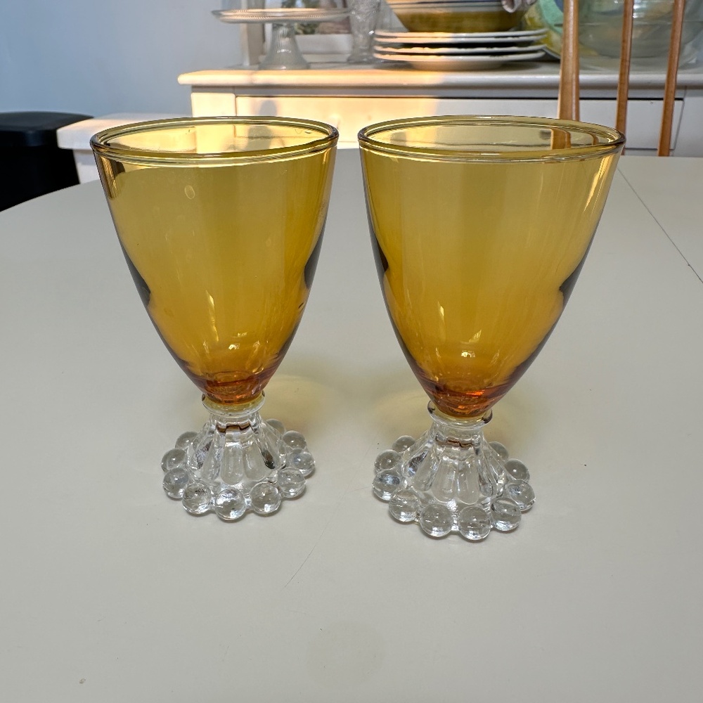 Vintage Amber Glasses with Clear Glass Flower Pedestal